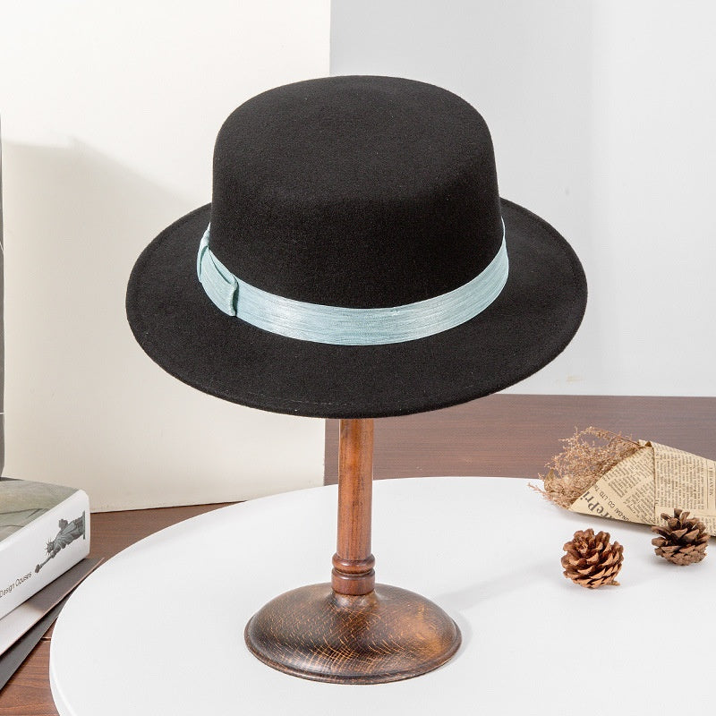 Felt Flat Roof Top Hat with Woven Webbing Decoration
