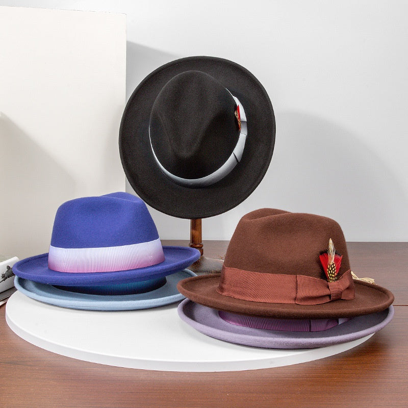 Rolled Edge Felt Top Hat with Feathers and Bow Webbing