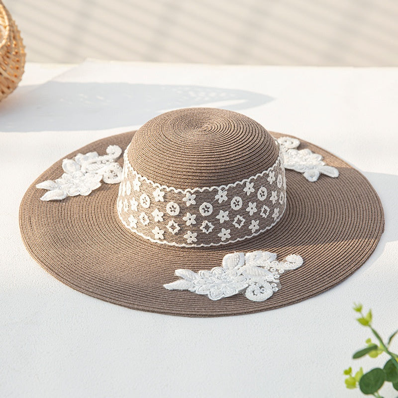 Wide Brim Straw Hat with Lace Decorative Strip and Lace Embroidery Patch