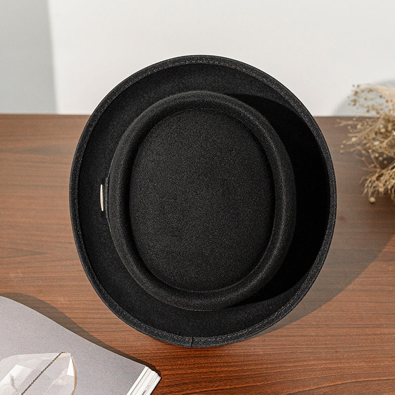 Black Felt Rolled Brim Top Hat with Webbing Decoration