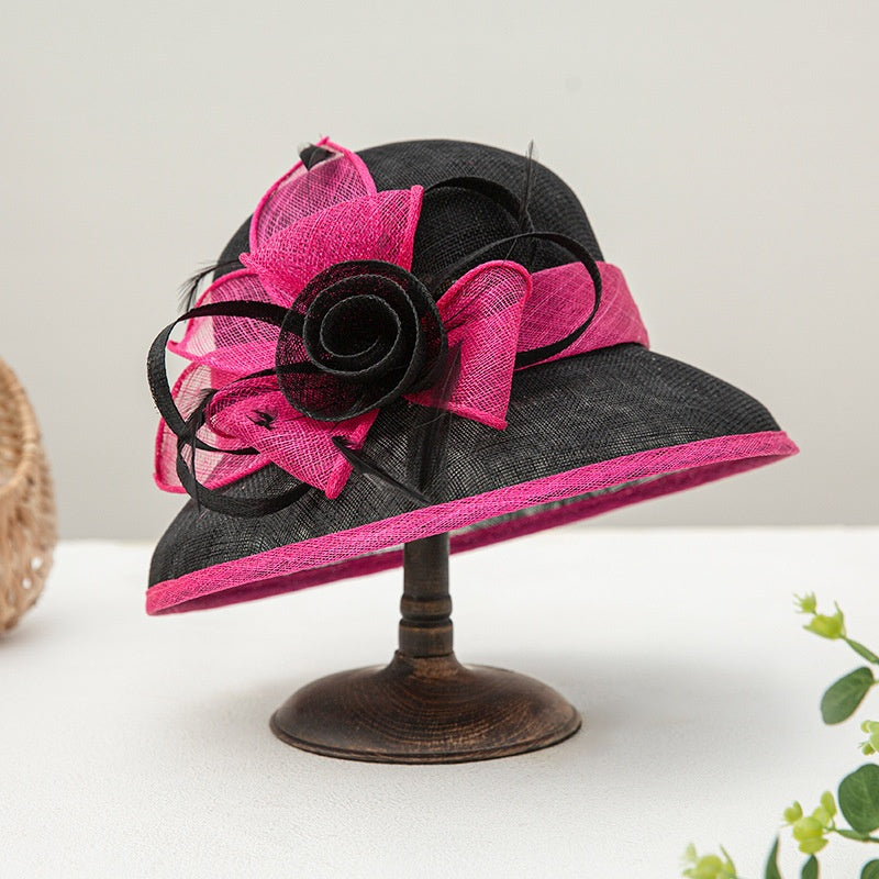 Multicolored Top Hat Rolled Edge with Handmade Linen Yarn Flowers
