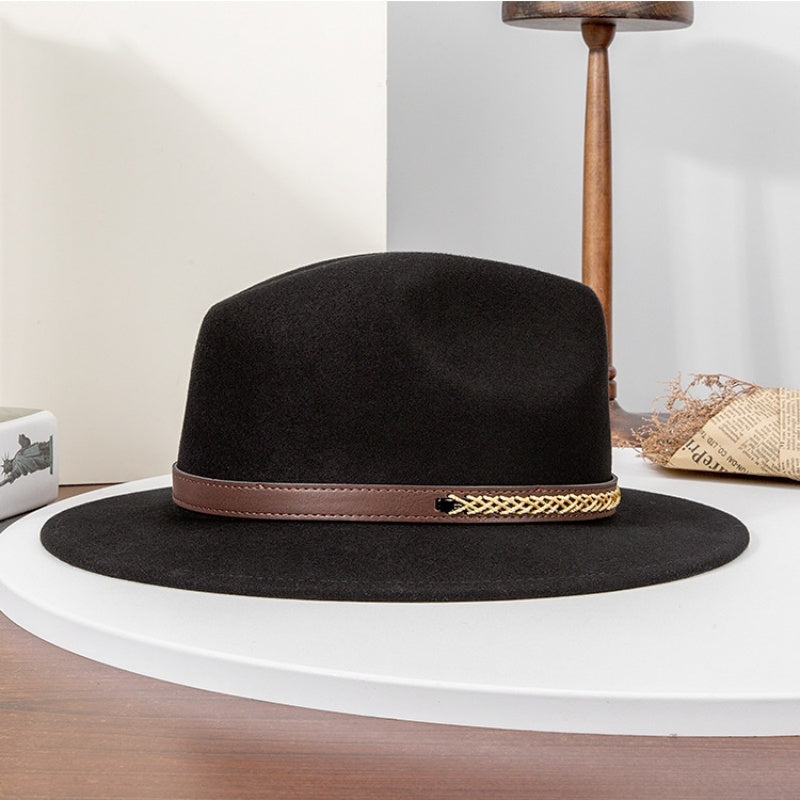 Felt Cowboy Hat with Interwoven Thread Spliced Copper Buckle Leather Strap
