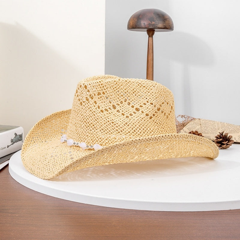 Straw Cowboy Hat Sun Hat with String of Beads