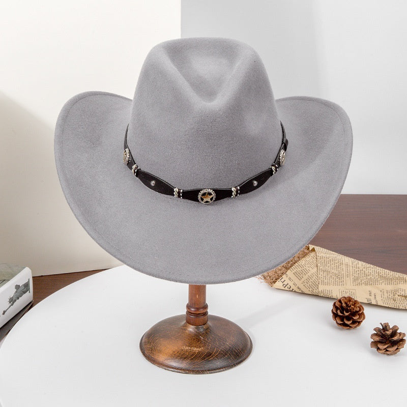 Felt Cowboy Hat with Copper Buckle Leather Strap and Star Decoration