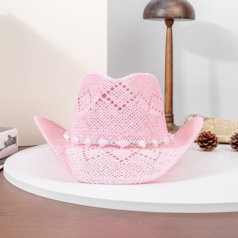 Straw Cowboy Hat Sun Hat with String of Beads