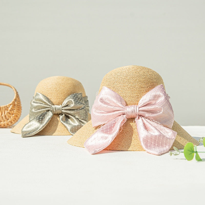 Sun Hat Straw Hat with Mesh Yarn Bow Webbing
