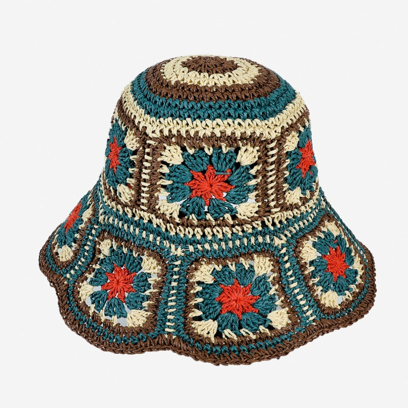 Straw Bucket Hat with Colorful Patterns