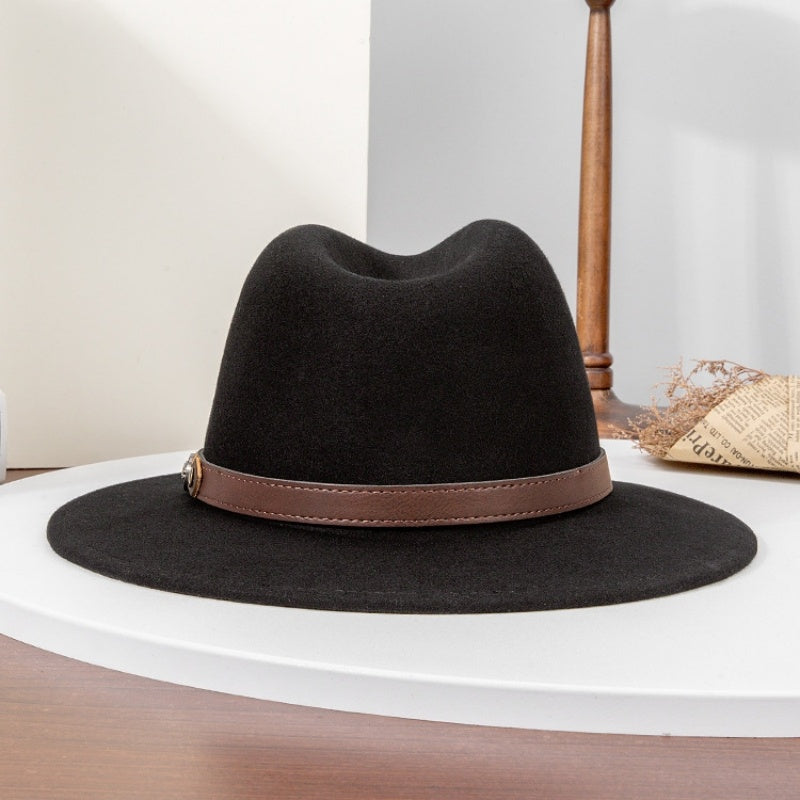 Felt Cowboy Hat with Interwoven Thread Spliced Copper Buckle Leather Strap