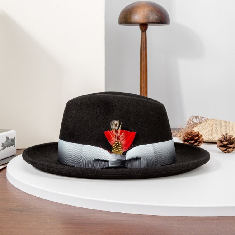Rolled Edge Felt Top Hat with Feathers and Bow Webbing