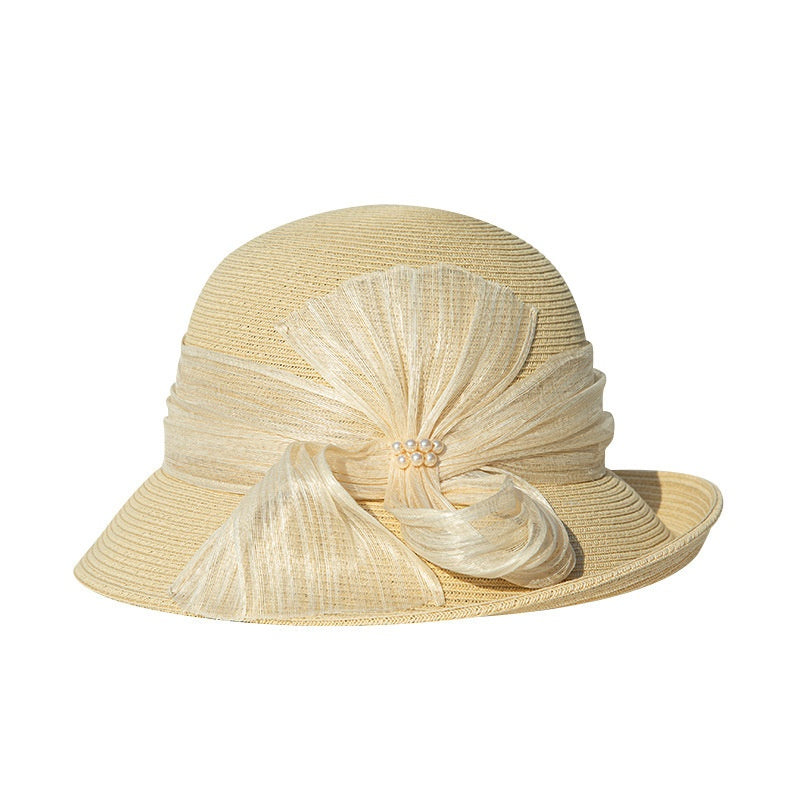 Sun Hat Rolled Edge with Pearls and Ribbons