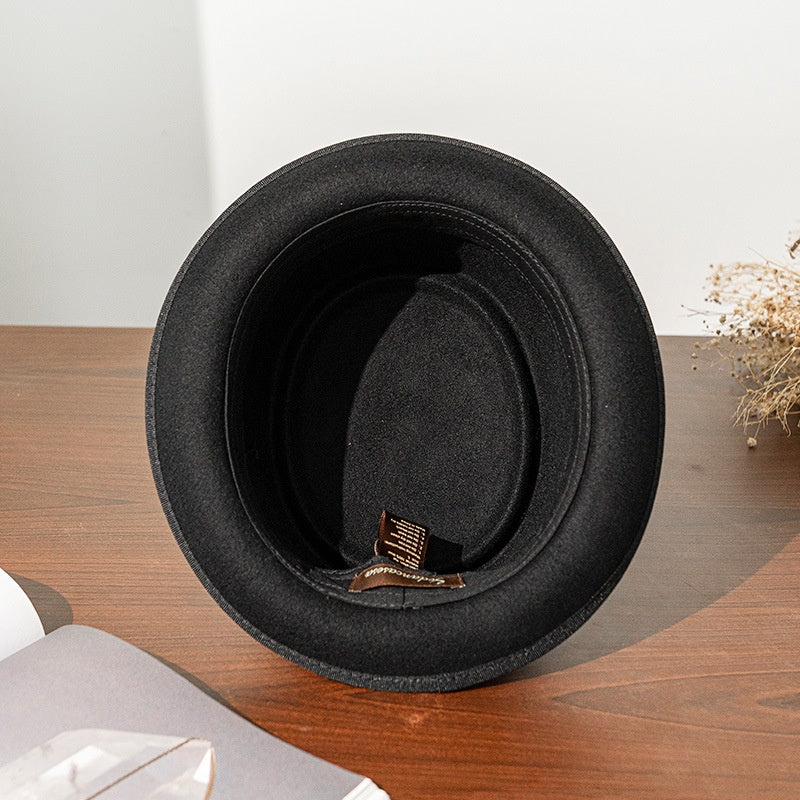 Black Felt Rolled Brim Top Hat with Webbing Decoration
