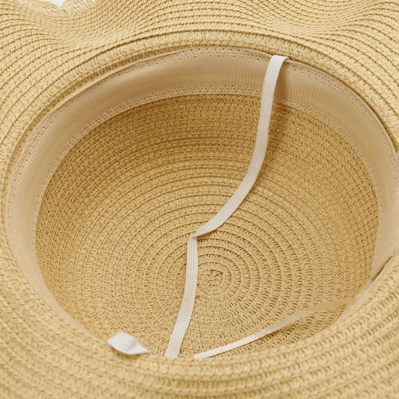 Foldable Straw Hat with Wide Wrinkled Brim