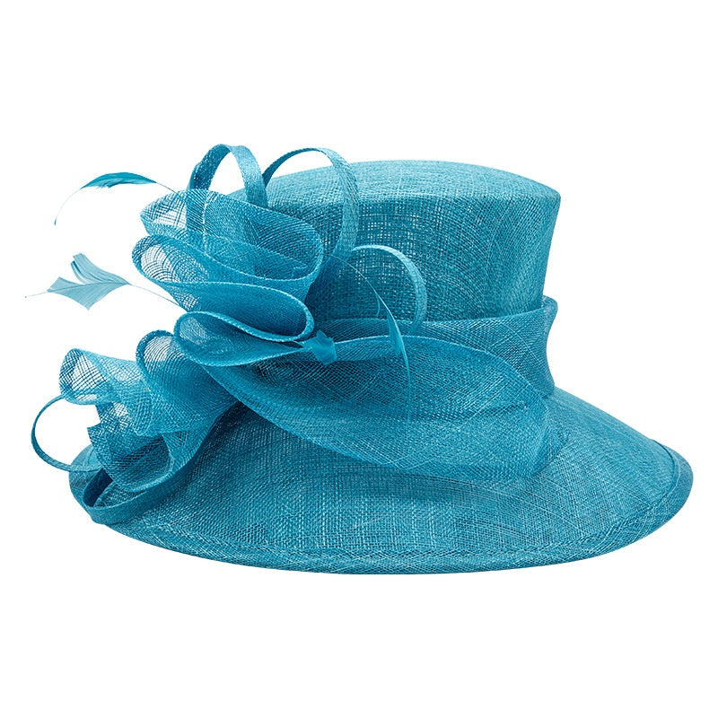 Water Blue Linen Yarn Top Hat with Floral Decoration