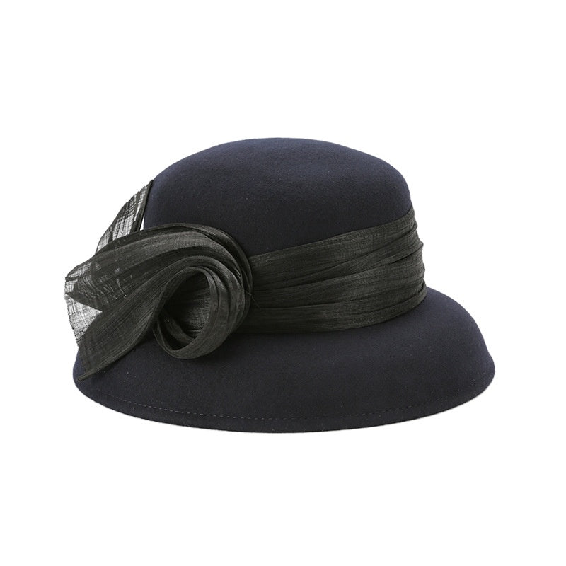 Felt Top Hat Rolled Edge with Flax Ribbon Decoration