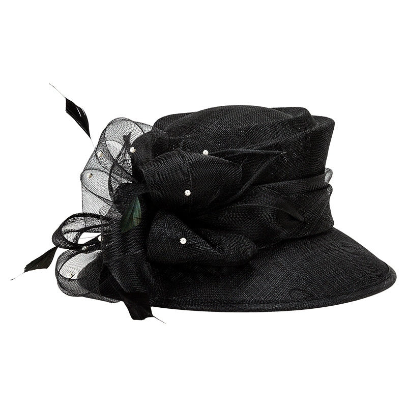 Linen Yarn Top Hat with Floral Decoration and Beads