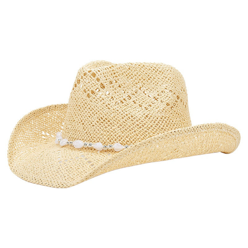 Straw Cowboy Hat Sun Hat with String of Beads