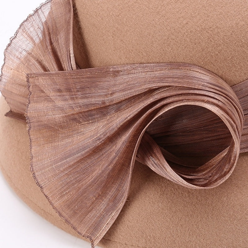 Felt Top Hat Rolled Edge with Flax Ribbon Decoration