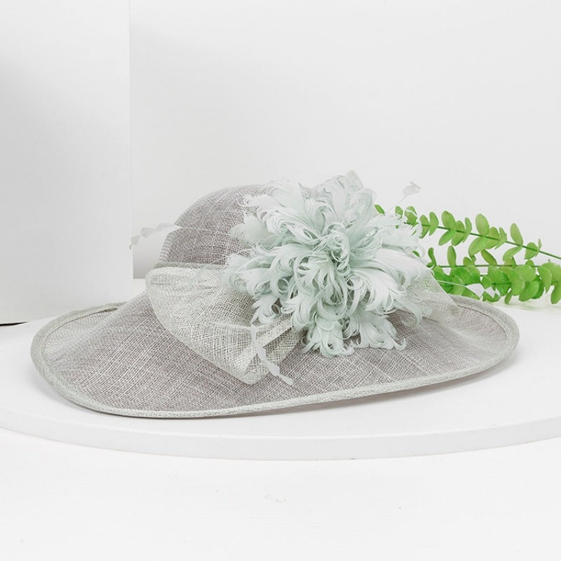 Wide Brim Top Hat with Feather Flower and Lace