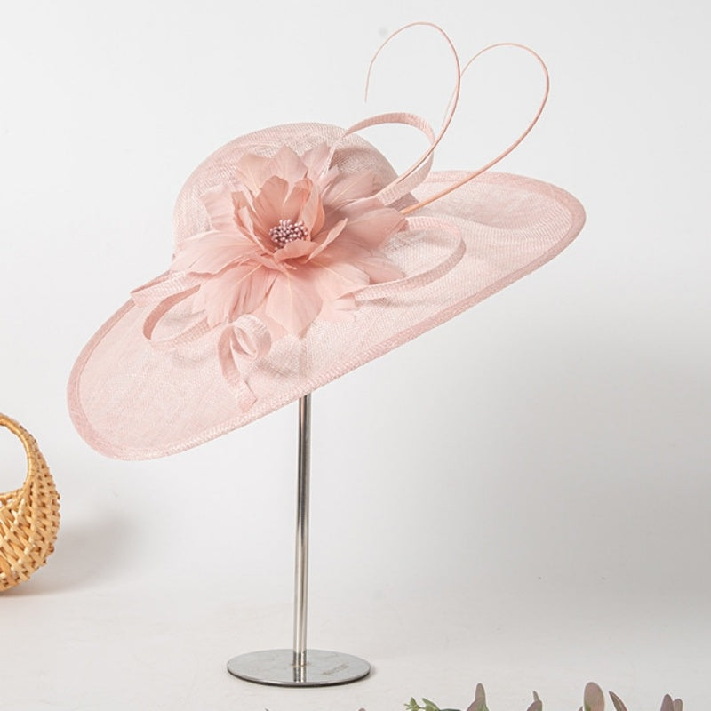 Wide Brim Top Hat with Feather Flower Decoration