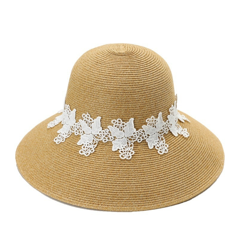 Straw Hat with Floral Lace Embroidery