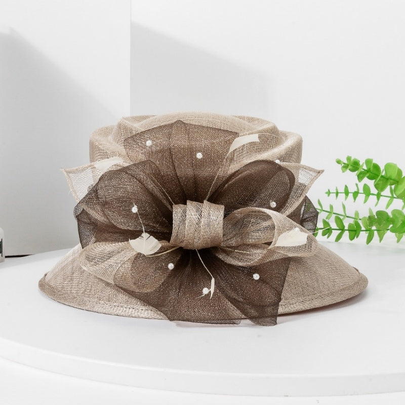 Linen Yarn Top Hat with Floral Decoration and Beads