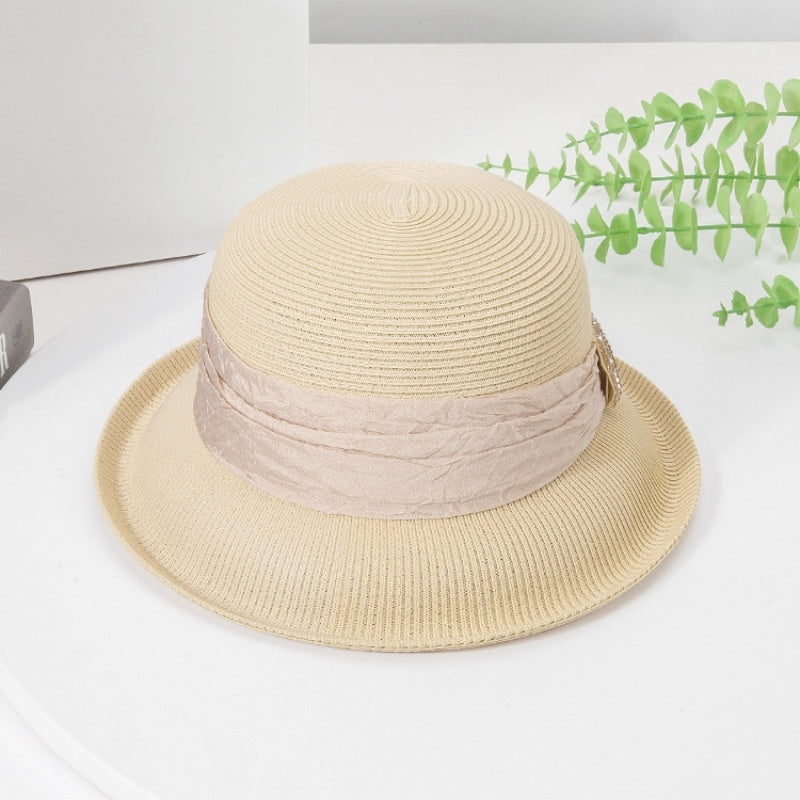 Rolled Edge Sun Hat with Linen Yarn Webbing and Crystal