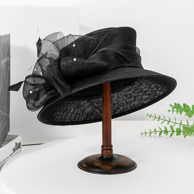 Linen Yarn Top Hat with Floral Decoration and Beads
