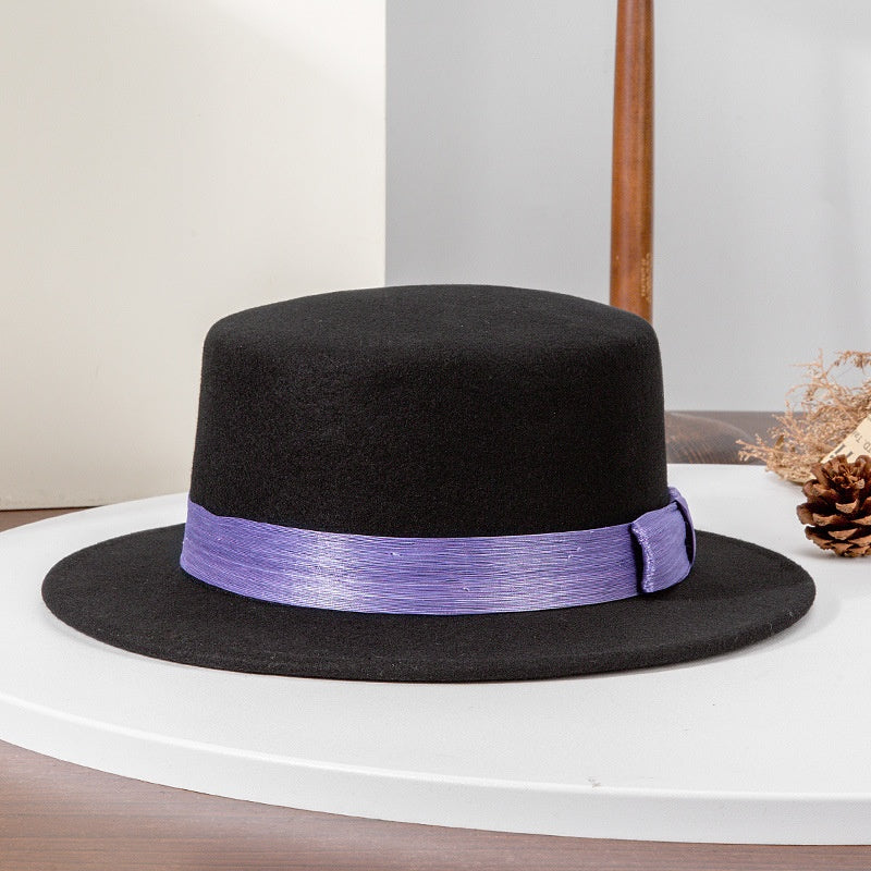 Felt Flat Roof Top Hat with Woven Webbing Decoration