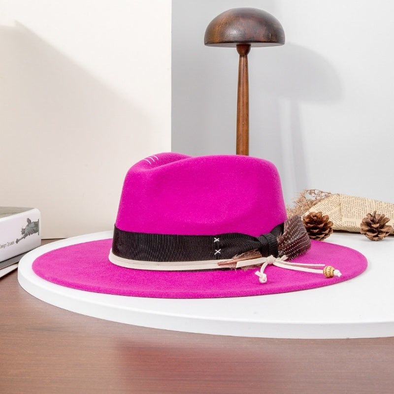 Felt Wide Brim Cowboy Hat with Bow Webbing and Feather