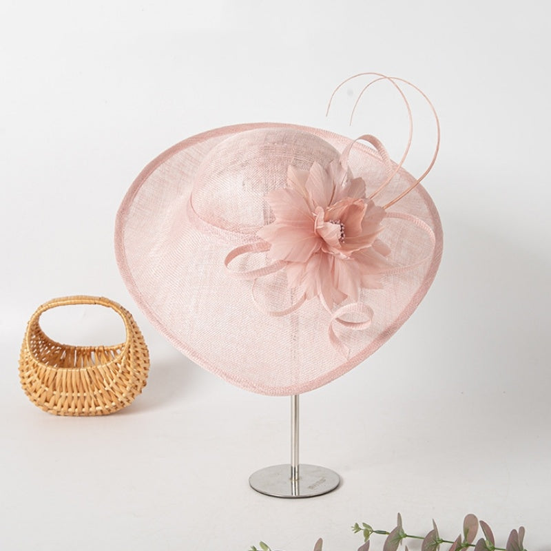 Wide Brim Top Hat with Feather Flower Decoration