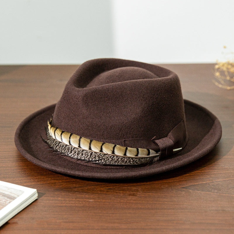 Wide Brim Rolled Edge Top Hat with Feather and Bow Decoration