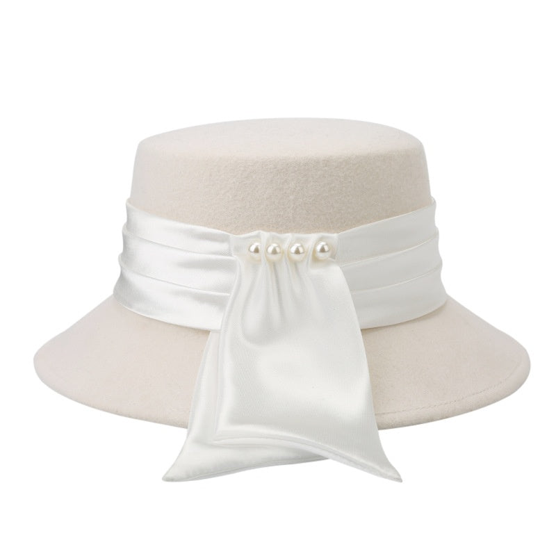 Felt Bucket Hat with Ribbons and Pearls
