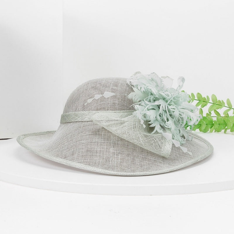 Wide Brim Top Hat with Feather Flower and Lace