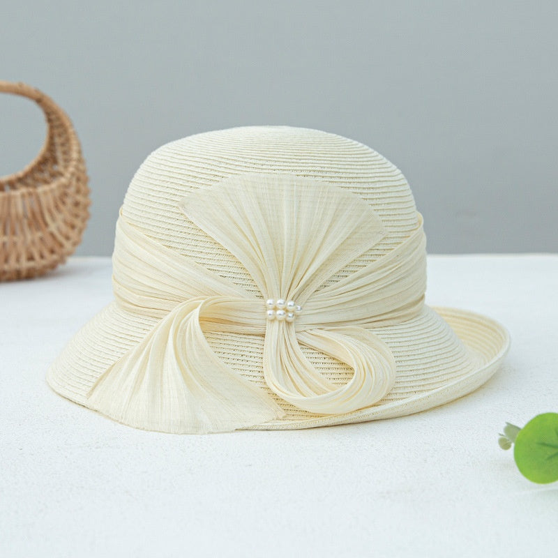 Sun Hat Rolled Edge with Pearls and Ribbons