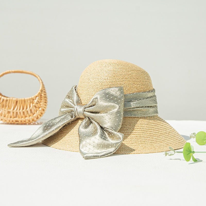 Sun Hat Straw Hat with Mesh Yarn Bow Webbing
