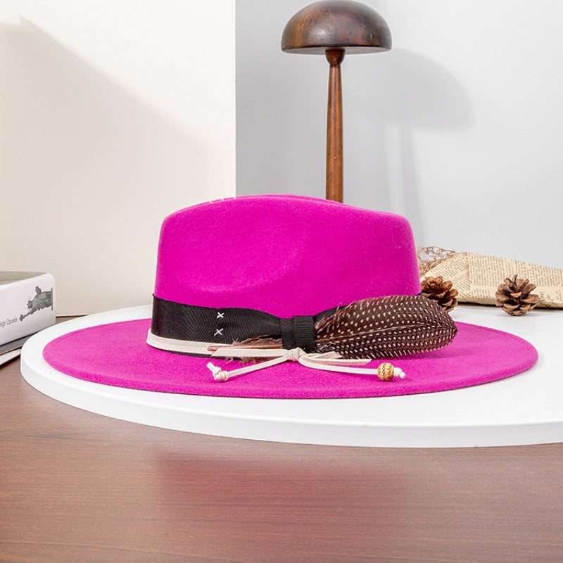 Felt Wide Brim Cowboy Hat with Bow Webbing and Feather