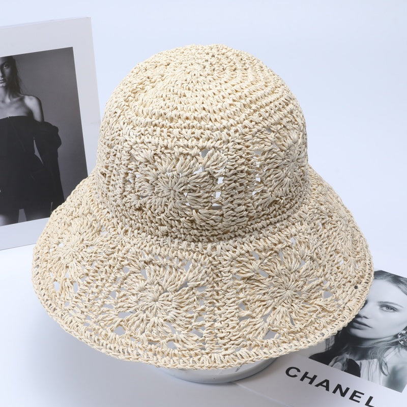 Handmade woven straw hat for women, new summer style, beach vacation theme, openwork large brim, beach sun protection and shade fishing hat