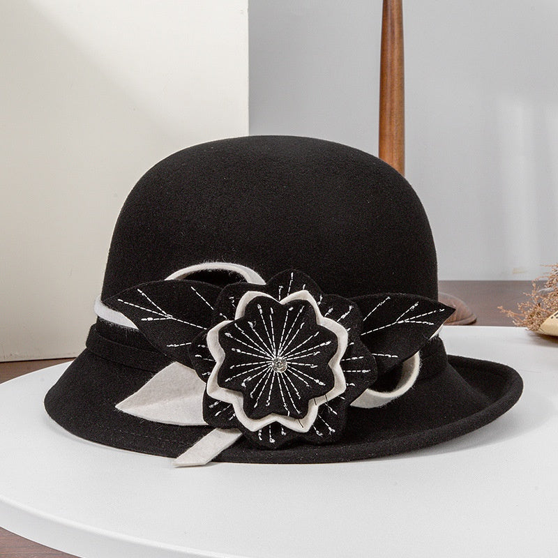 Felt Top Hat with Flower and Zircon Decoration