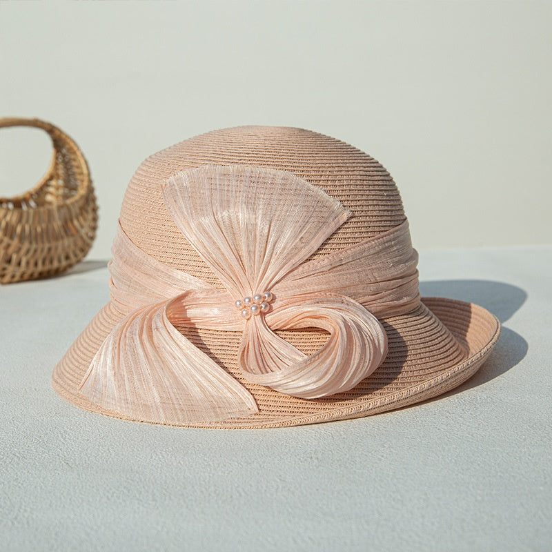 Sun Hat Rolled Edge with Pearls and Ribbons