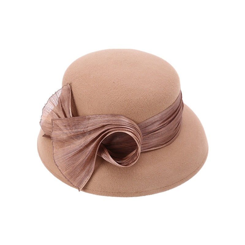 Felt Top Hat Rolled Edge with Flax Ribbon Decoration