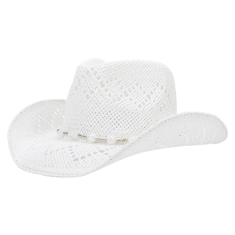 Straw Cowboy Hat Sun Hat with String of Beads