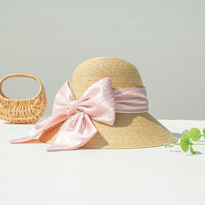Sun Hat Straw Hat with Mesh Yarn Bow Webbing