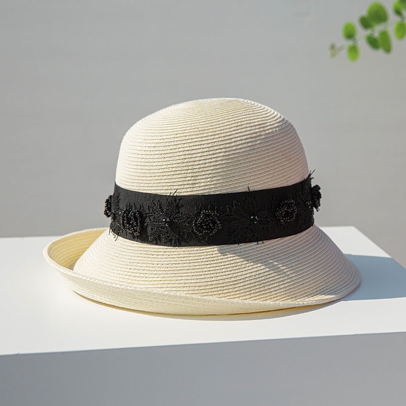 Straw Top Hat with Black Beads and Embroidery