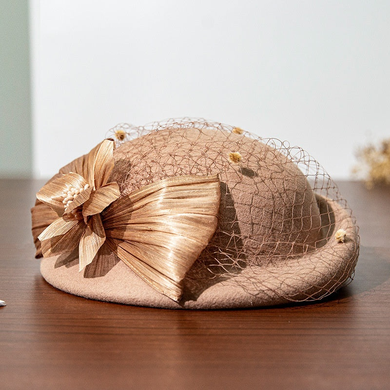 Felt Beret with Pearl Flower and Lace