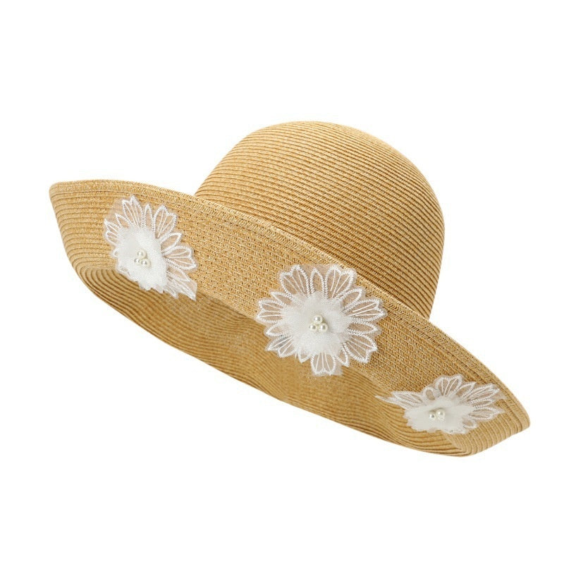 Straw Hat with Floral Lace Embroidery