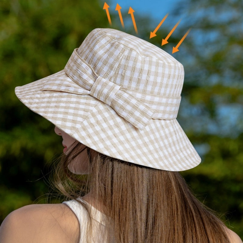 Check Pattern Sun Hat with Bow