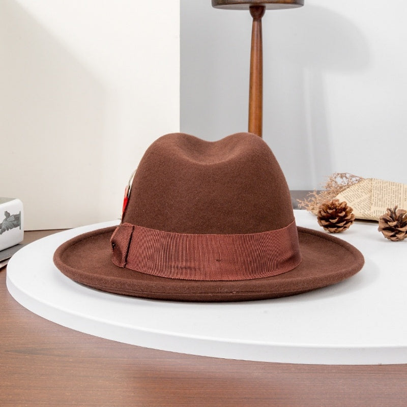 Rolled Edge Felt Top Hat with Feathers and Bow Webbing