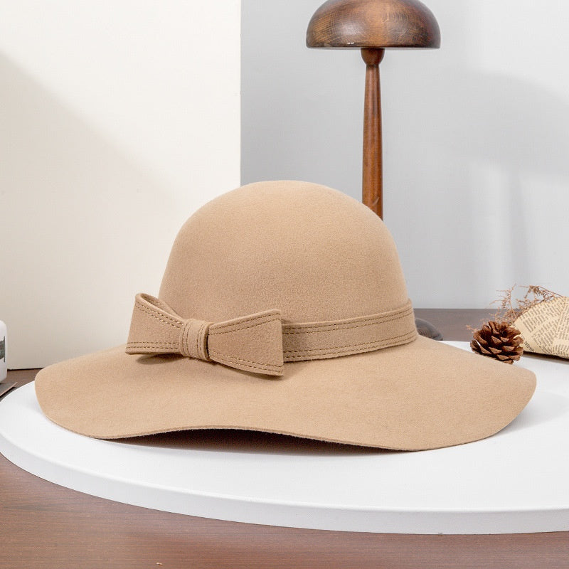 Felt Wide Brim Top Hat with Bow Webbing Decoration