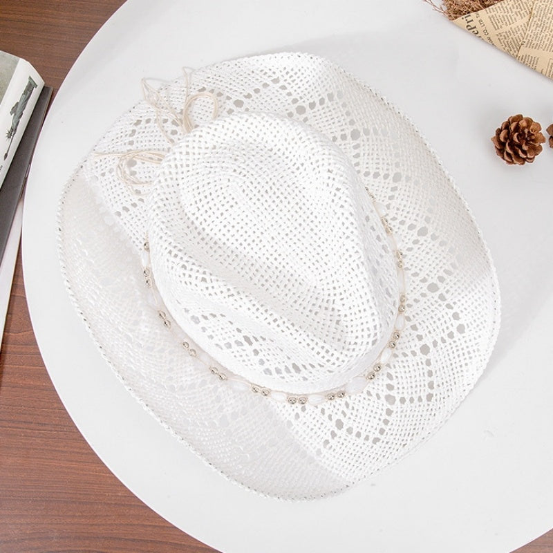 Straw Cowboy Hat Sun Hat with String of Beads