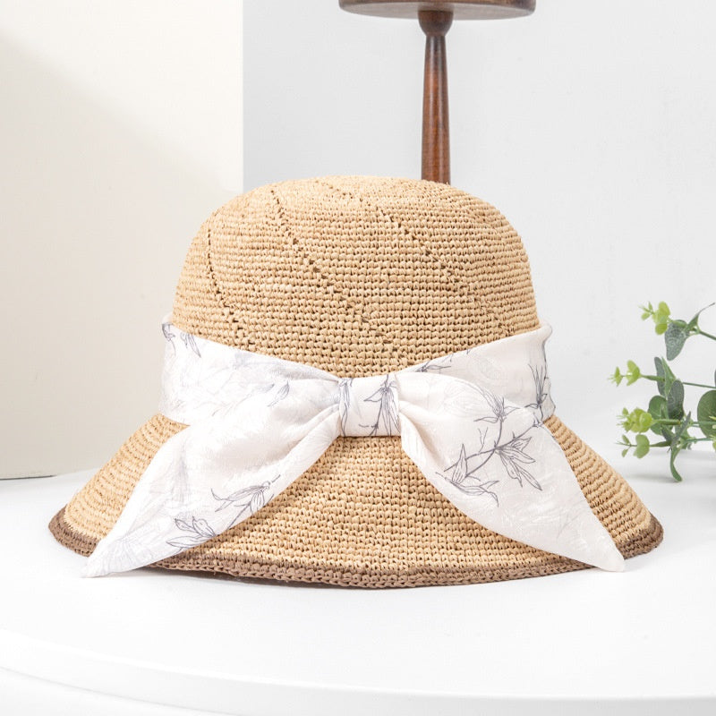 Straw Hat Sun Hat with Printed Bow